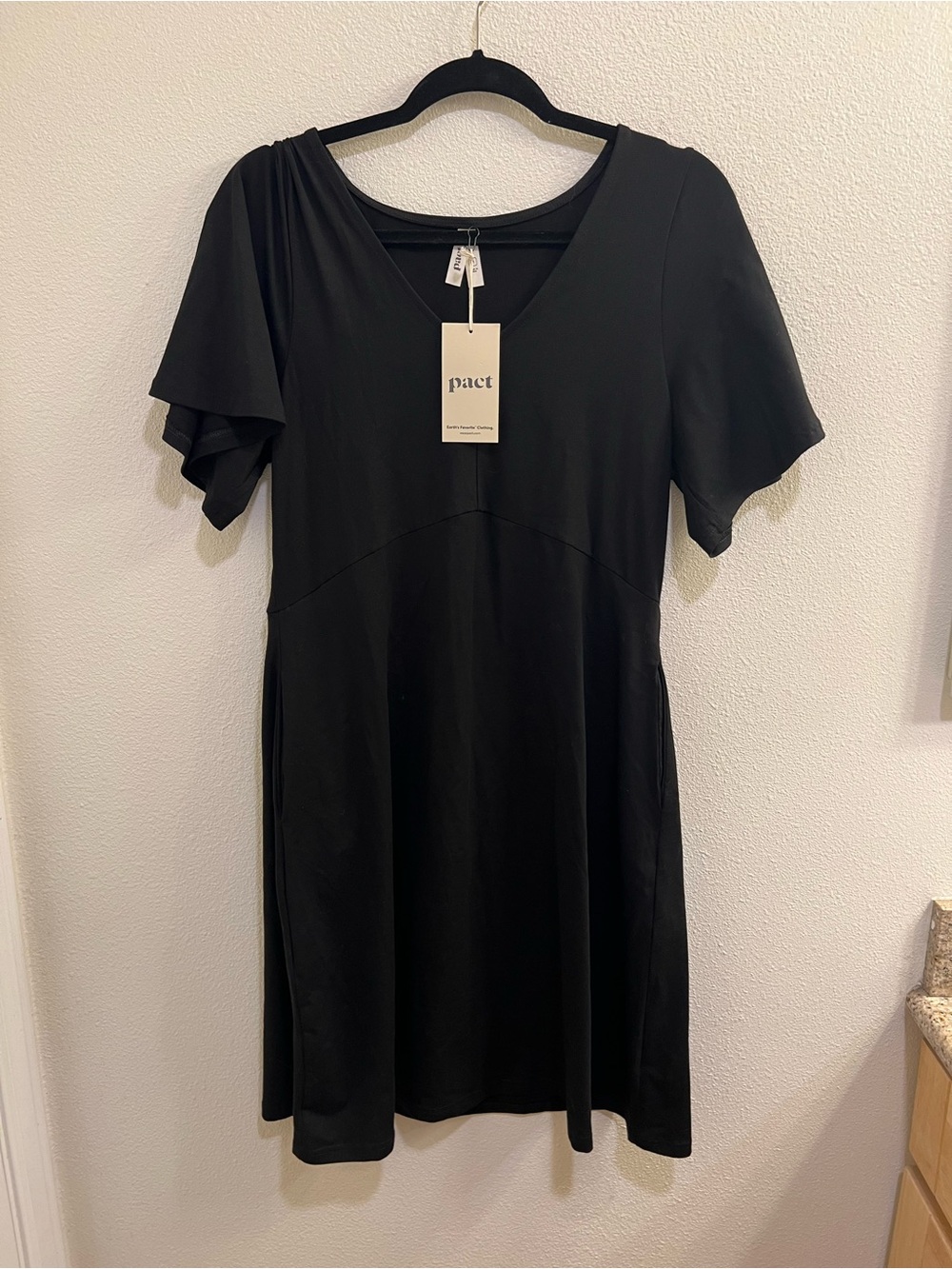 NWT Pact Black V‑Neck Short Sleeve Black Dress